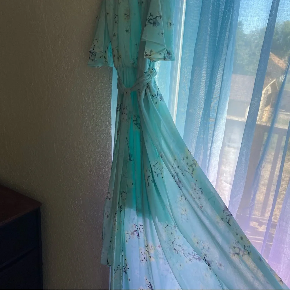 Calvin Klein 6 Maxi Dress Aqua Blue Asian Floral Cold Shoulder Chiffon Flowy - Picture 10 of 13